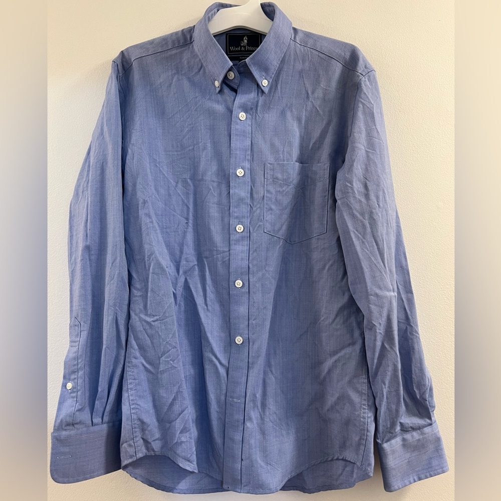 Wool & Prince Worsted Wool Flannel Shirt Men Slim Fit Button-Down blue z. - Picture 6 of 12